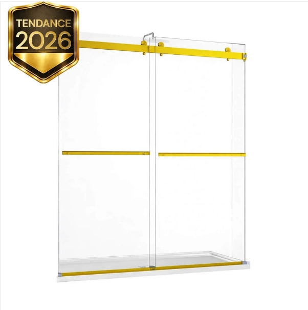 Porte de douche en verre 10 mm coulissante double avec soft closing 60 x 75 po (Noir / Chrome / Or brossé)