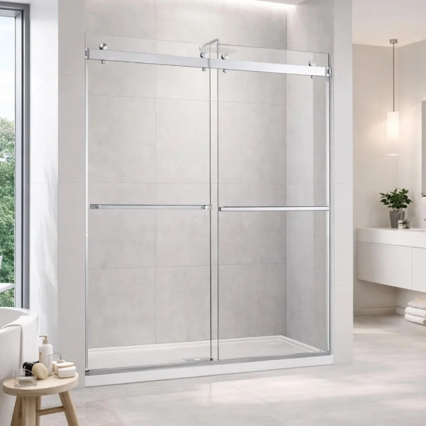 Porte de douche en verre 10 mm coulissante double avec soft closing 60 x 75 po (Noir / Chrome / Or brossé)
