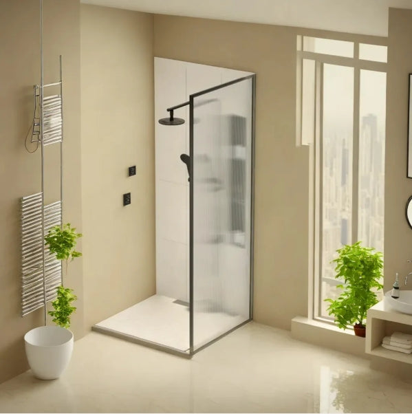 Paroi de douche italienne fixe 36 x 76 po – Verre givré et rainuré – NOIR MATT/CHROME